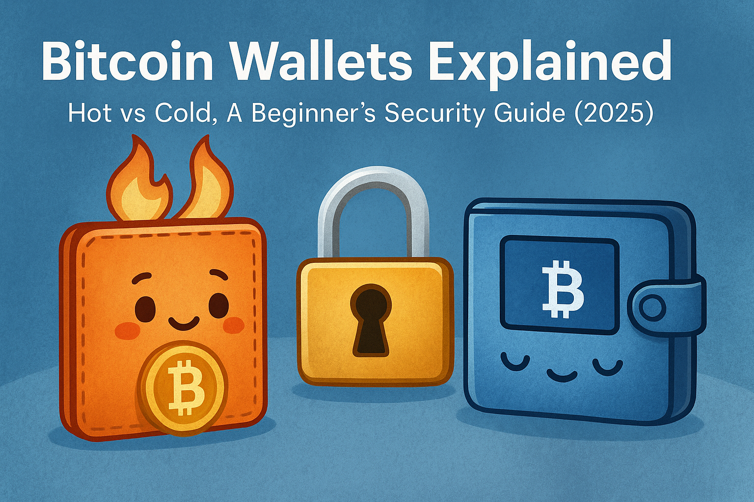 Digital illustration of Bitcoin hot and cold wallets with a secure padlock, representing a beginner’s security guide (2025)