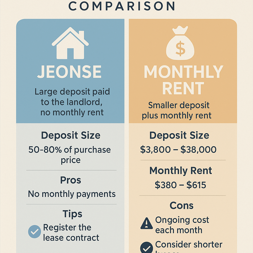 Jeonse versus Monthly Rent comparison infographic for Korea 2025 showing deposit sizes, pros and cons, and a quick tip.