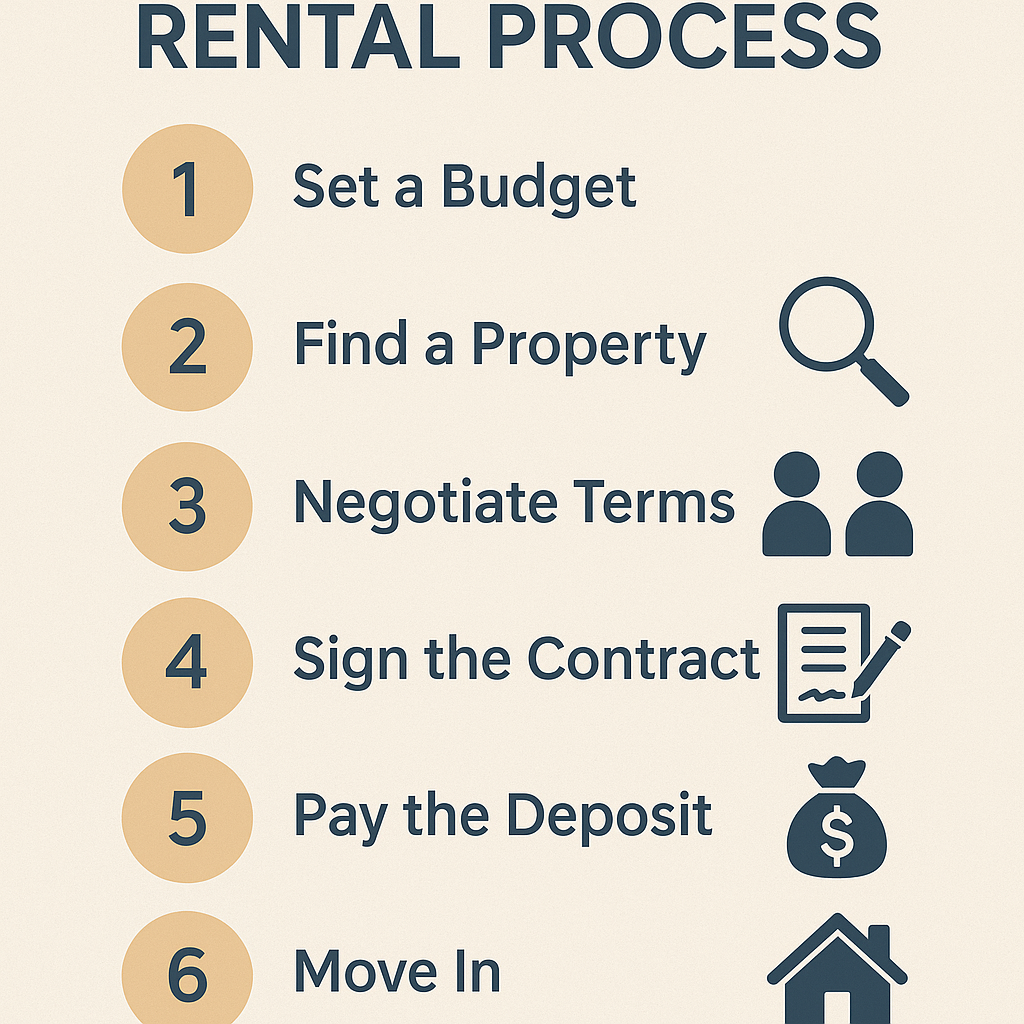 Korea rental process six steps: set a budget, find a property, negotiate terms, sign the contract, pay the deposit, move in.