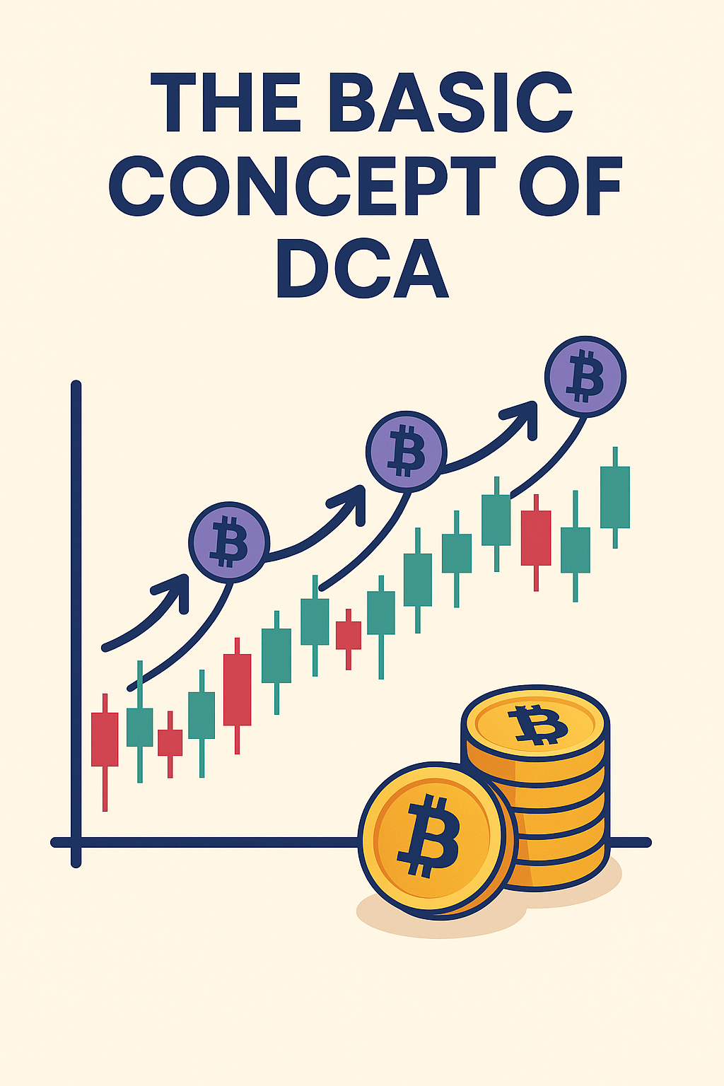 Bitcoin coin divided into slices along a rising price chart, each slice sold step by step instead of all at once.