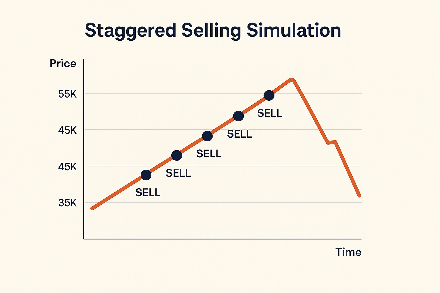 Line chart showing staged exits over time with annotations for each partial sell step and cumulative cash-out.