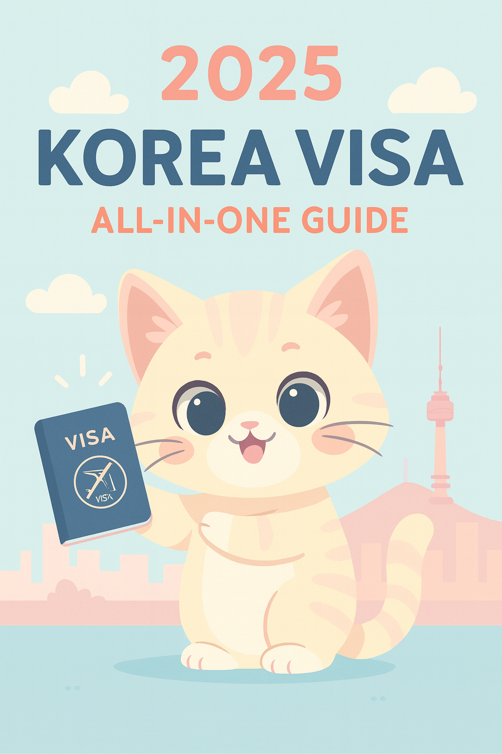 Cute pastel-tone cat character illustration introducing the 2025 Korea visa guide