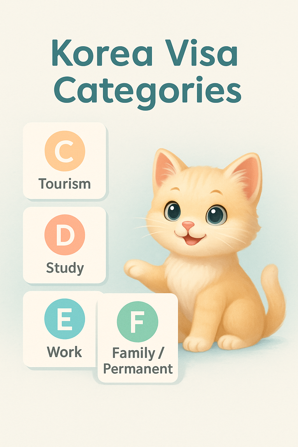 Pastel-tone infographic showing four Korea visa categories (C Tourism, D Study, E Work, F Family/Permanent) with a matching cream-colored cat character standing on the right
