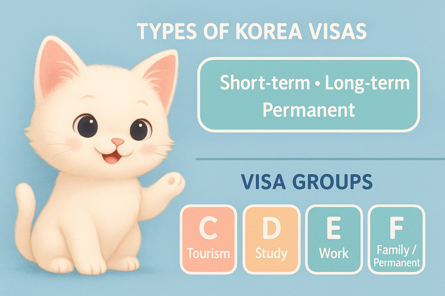 Pastel-tone illustration of a cute cream-colored cat character explaining types of Korea visas and main visa groups (C, D, E, F) in an infographic style