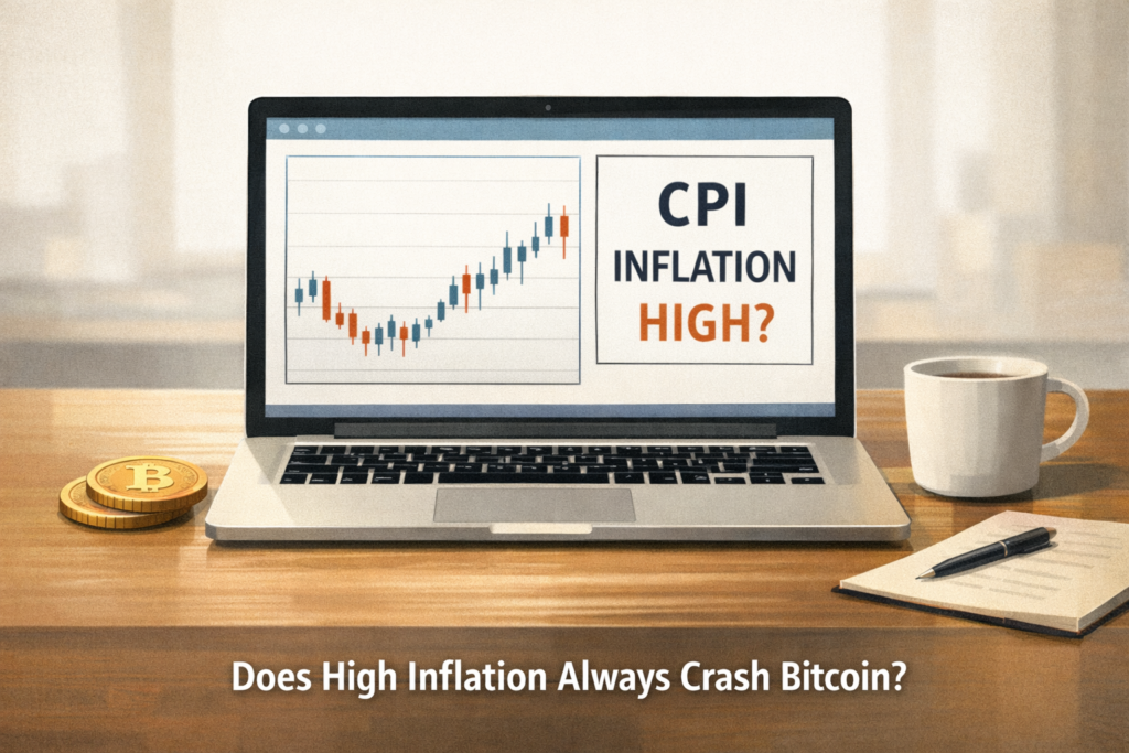 Bitcoin and CPI shown on a calm financial screen, questioning whether high inflation always leads to a price drop