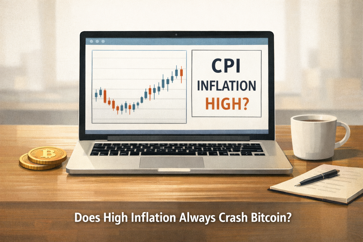 Bitcoin and CPI shown on a calm financial screen, questioning whether high inflation always leads to a price drop