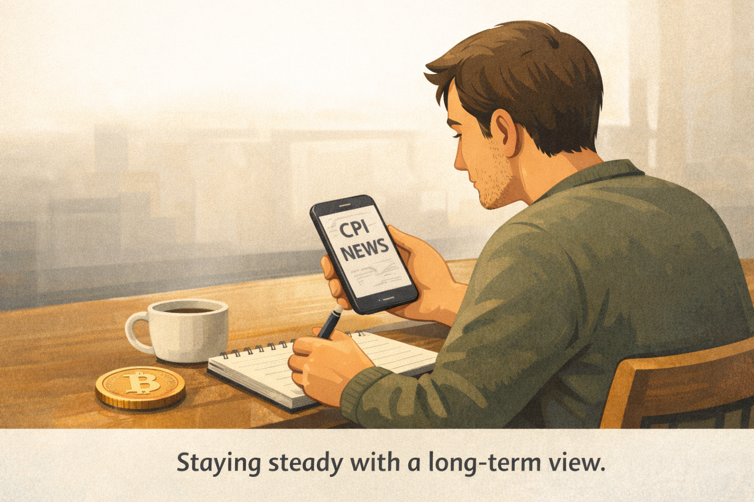 A calm editorial illustration of a small Bitcoin DCA investor taking notes while watching CPI news on a phone, emphasizing a steady long-term mindset.